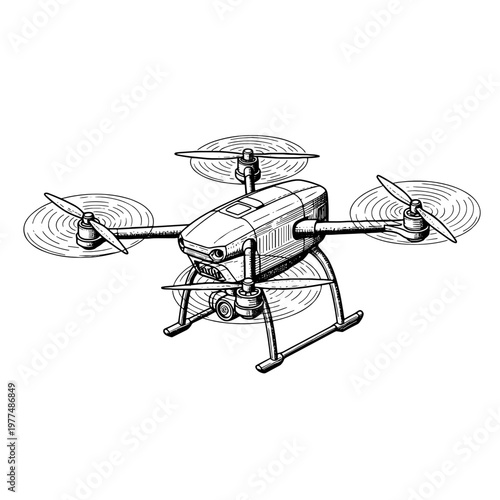 Drone quadcopter flying in minimalist line art design  