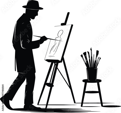 Black and white of a conductor leading an orchestra with raised hands baton