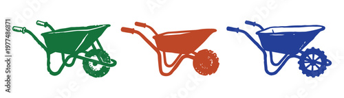 Wheelbarrow set three colorful garden carts in green orange and blue colors vector