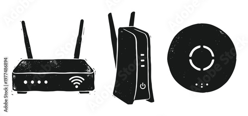 Wireless networking devices collection including modem router and internet signal transmitter vector elements