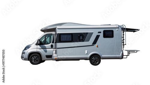 Fotografie Modern gray campervan with black stripes and awning extended