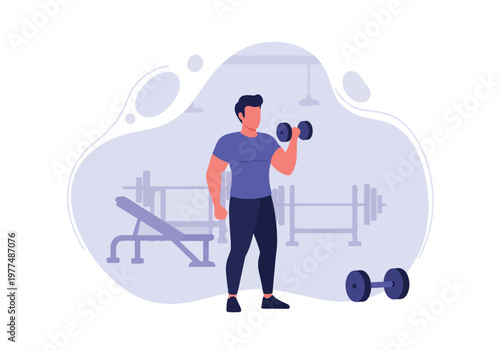 Flat style vector illustration of man lifting dumbbells, strength training and bodybuilding workout concept with healthy lifestyle isolated on minimal background