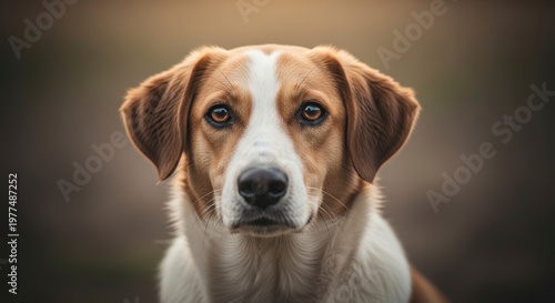 Close-up portrait of a mixed-breed dog with soulful eyes looking directly at the camera.