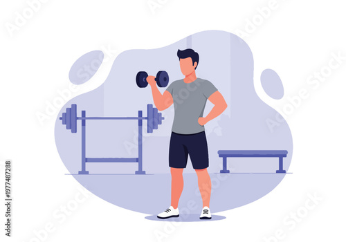 Flat style vector illustration of man lifting dumbbells, strength training and bodybuilding workout concept with healthy lifestyle isolated on minimal background