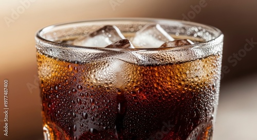 Refreshing Cold Cola Drink with Ice Cubes in a Glass.