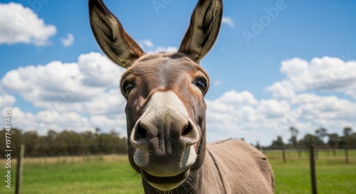 Close-up Portrait of a Donkeys Face with Long Ears Against a Blue Sky.