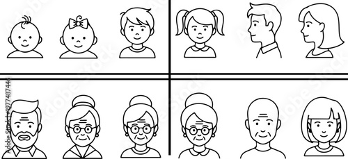 Different age groups vector icon set illustrating human life stages from child to senior. Clean flat design characters for demographic and social concepts eps