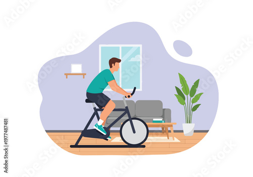 Flat style vector illustration of man exercising on stationary bike, cardio workout and healthy lifestyle concept isolated for fitness and training design