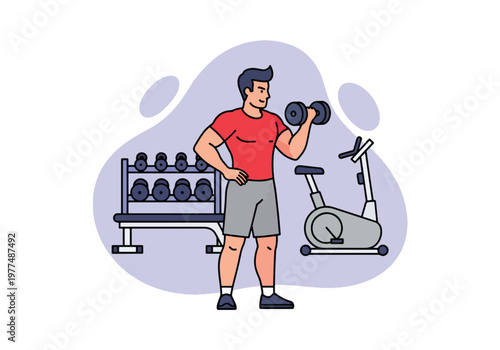 Flat style vector illustration of man lifting dumbbells, strength training and bodybuilding workout concept with healthy lifestyle isolated on minimal background