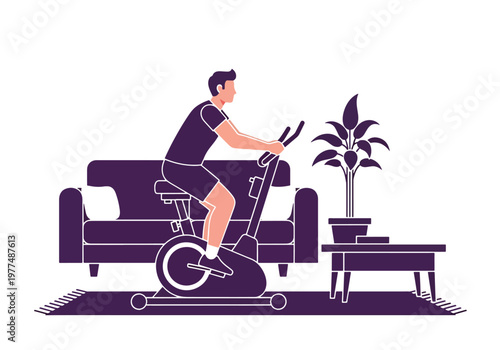 Flat style vector illustration of man exercising on stationary bike, cardio workout and healthy lifestyle concept isolated for fitness and training design