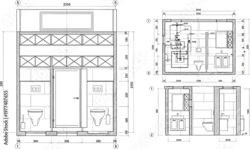 Detailed Bathroom Floor Plan with Dimensions, Plumbing Layout, and Door Design in Black and White Technical Drawing