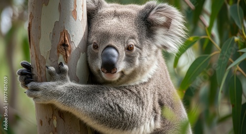 Close up of a koala clinging to a eucalyptus tree trunk in Australia.