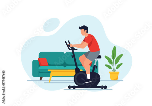 Flat style vector illustration of man exercising on stationary bike, cardio workout and healthy lifestyle concept isolated for fitness and training design