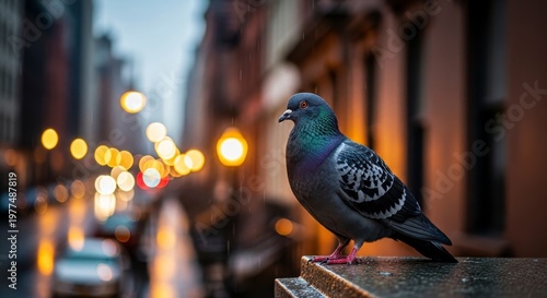 Pigeon perched on a ledge in a blurred urban environment with bokeh lights.
