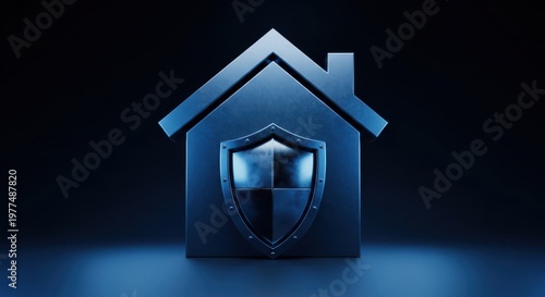 Home security and insurance concept with metallic shield and house icon