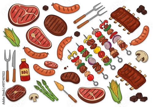 Grilled meats and vegetables are being cooked on skewers outdoors with utensils.