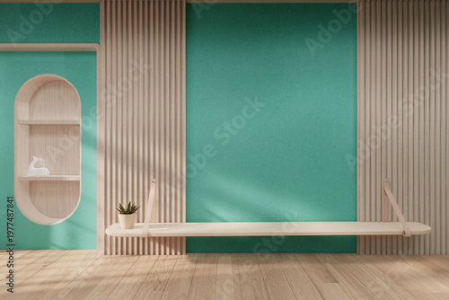 Mint color room Mock up interior room and wood white color wall background 3D illustration rendering