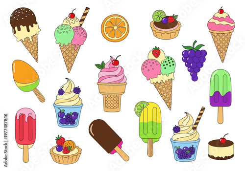 Colorful ice cream cones and popsicles with various fruits on a white surface