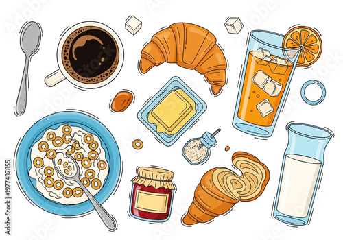 A delicious breakfast spread with croissants, cereal, butter, jam, and fresh drinks on a table indoors.