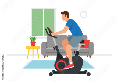 Flat style vector illustration of man exercising on stationary bike, cardio workout and healthy lifestyle concept isolated for fitness and training design