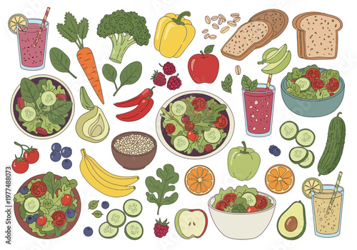 A colorful illustration of various fruits and vegetables with salads and smoothies on a table indoors.