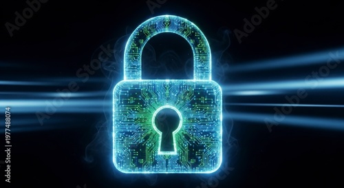 Digital padlock icon representing cybersecurity and data protection in a futuristic network environment.
