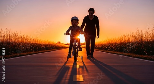 Father and child silhouetted against a sunset while riding a bicycle on a road.