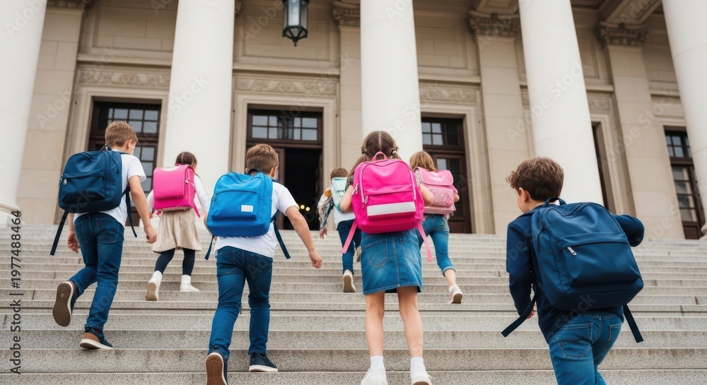 Obraz premium Diverse elementary students with backpacks running up stairs into a school building