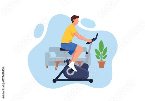 Flat style vector illustration of man exercising on stationary bike, cardio workout and healthy lifestyle concept isolated for fitness and training design