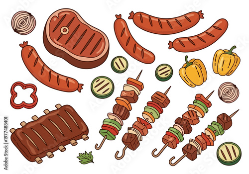 Grilled meats and colorful vegetables are skewered and served outdoors