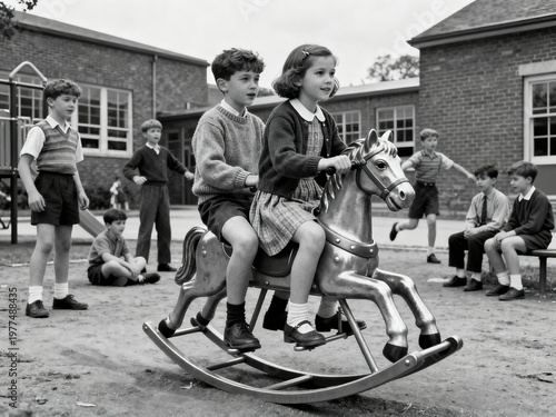 Children Enjoying Playground Fun on a Vintage Rocking Horse | Nostalgic Schooldays in Monochrome