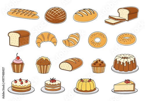 A colorful assortment of baked goods including bread and cakes on plates.