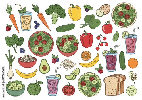 A colorful illustration of various healthy food items and smoothies arranged on a table indoors.