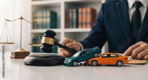 Lawyer with gavel and car accident models for legal insurance claim