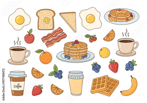 A variety of breakfast foods are arranged on a table with pancakes eggs toast waffles fruits and drinks.