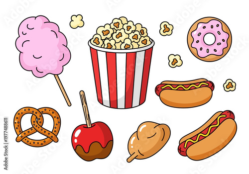 A delicious assortment of carnival treats including popcorn and snacks