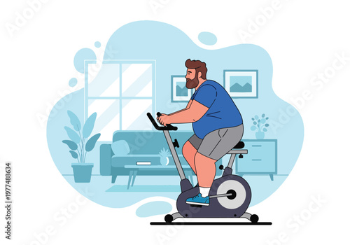 Flat style vector illustration of plus size man riding stationary exercise bike, indoor cardio workout concept, healthy lifestyle and weight loss motivation