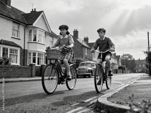 Vintage Charm: Children Riding Bicycles Through a Quaint British Street Capturing Nostalgia and Simplicity in Black and White