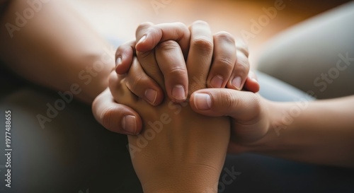 Close up of two people clasping hands in a gesture of support and unity.