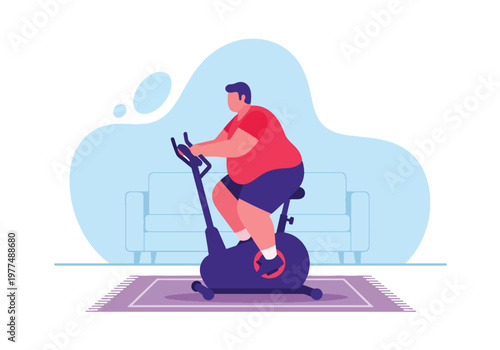 Flat style vector illustration of plus size man riding stationary exercise bike, indoor cardio workout concept, healthy lifestyle and weight loss motivation