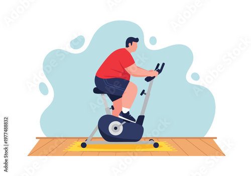 Flat style vector illustration of plus size man riding stationary exercise bike, indoor cardio workout concept, healthy lifestyle and weight loss motivation