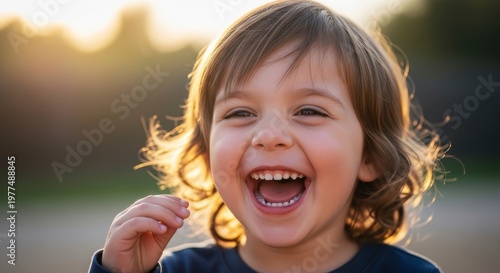 Joyful Young Child Laughing Outdoors in Golden Hour Sunlight.