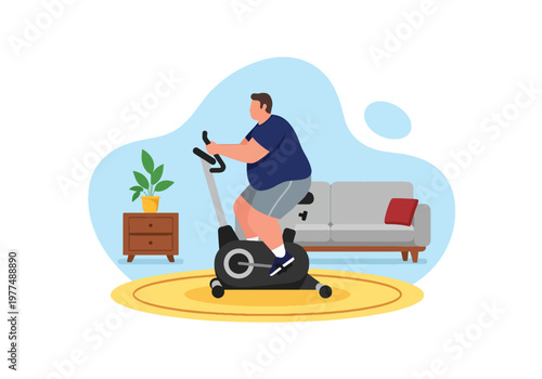 Flat style vector illustration of plus size man riding stationary exercise bike, indoor cardio workout concept, healthy lifestyle and weight loss motivation