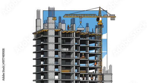 Building Under Construction Illustration. Concrete Frame and Tower Crane on White Background.