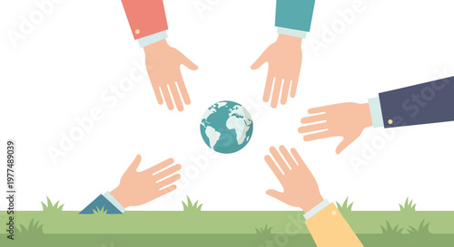 Collaborative hands reaching toward earth in flat style