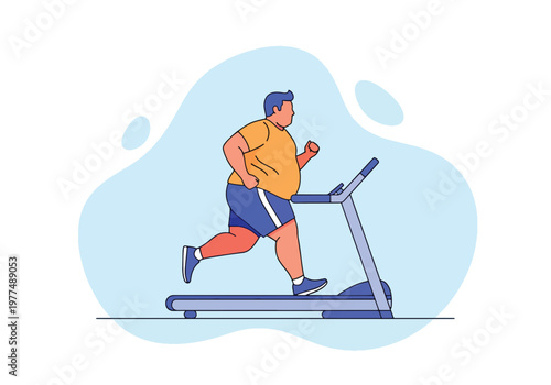 Flat style vector illustration of plus size man running on treadmill, inclusive fitness and healthy lifestyle concept with cardio workout and modern abstract background for training design