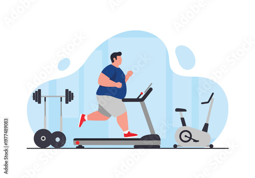 Flat style vector illustration of plus size man running on treadmill, inclusive fitness and healthy lifestyle concept with cardio workout and modern abstract background for training design