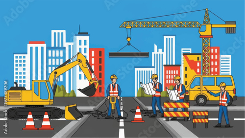 Urban Road Construction Site with Workers, Excavator, and Crane. City Infrastructure Development and Repair.