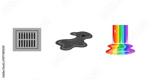 Monochrome drain oil spill and rainbow paint drip on white background