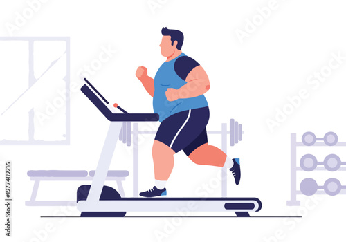 Flat style vector illustration of plus size man running on treadmill, inclusive fitness and healthy lifestyle concept with cardio workout and modern abstract background for training design
